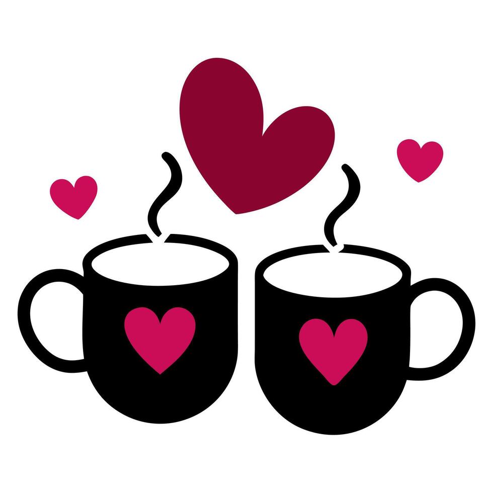 Couple's coffee cup with latte art and frothy milk foam design. vector