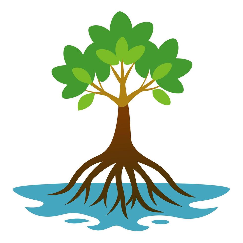 Eco-friendly mangrove tree silhouette with detailed root design. vector