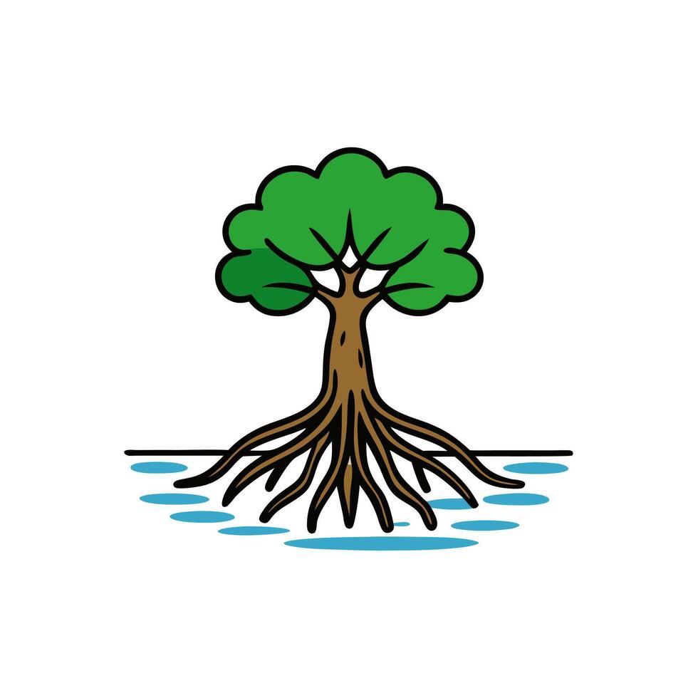 Tropical mangrove tree silhouette showing intricate roots. vector