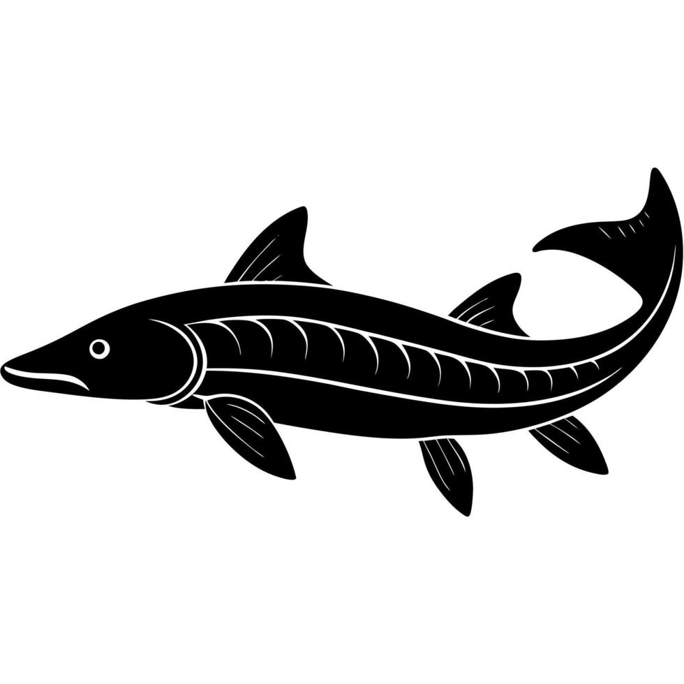 Elegant sturgeon fish silhouette illustration in black and white. vector