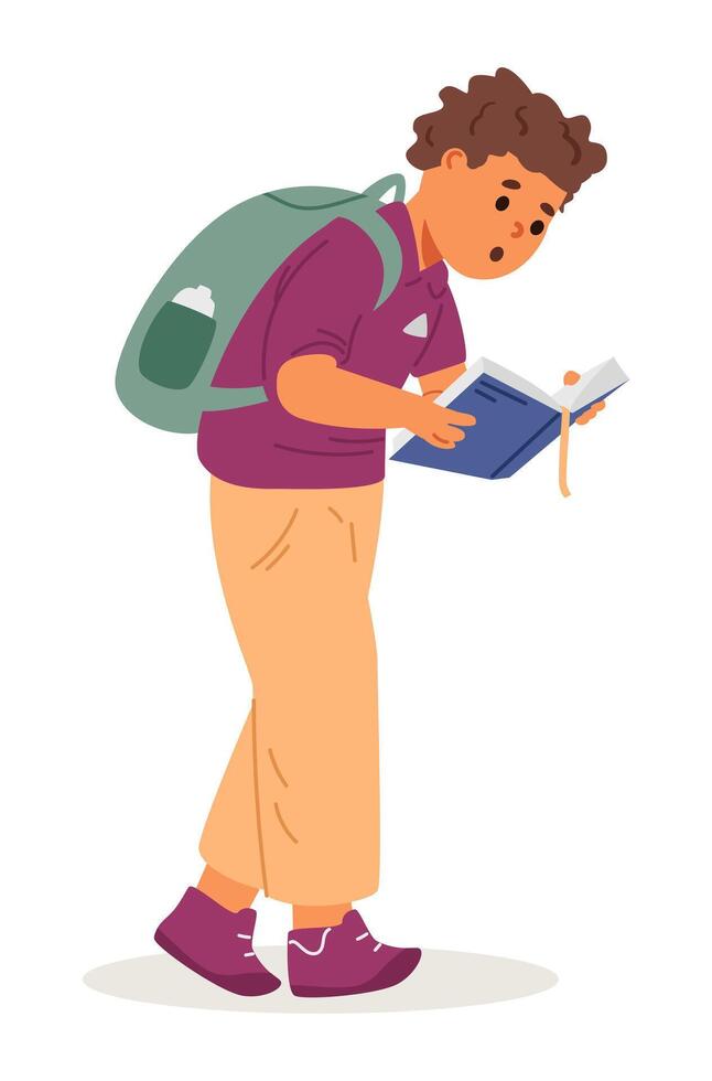 Excited teenage boy with backpack walking and reading a book flat illustration isolated on white. vector