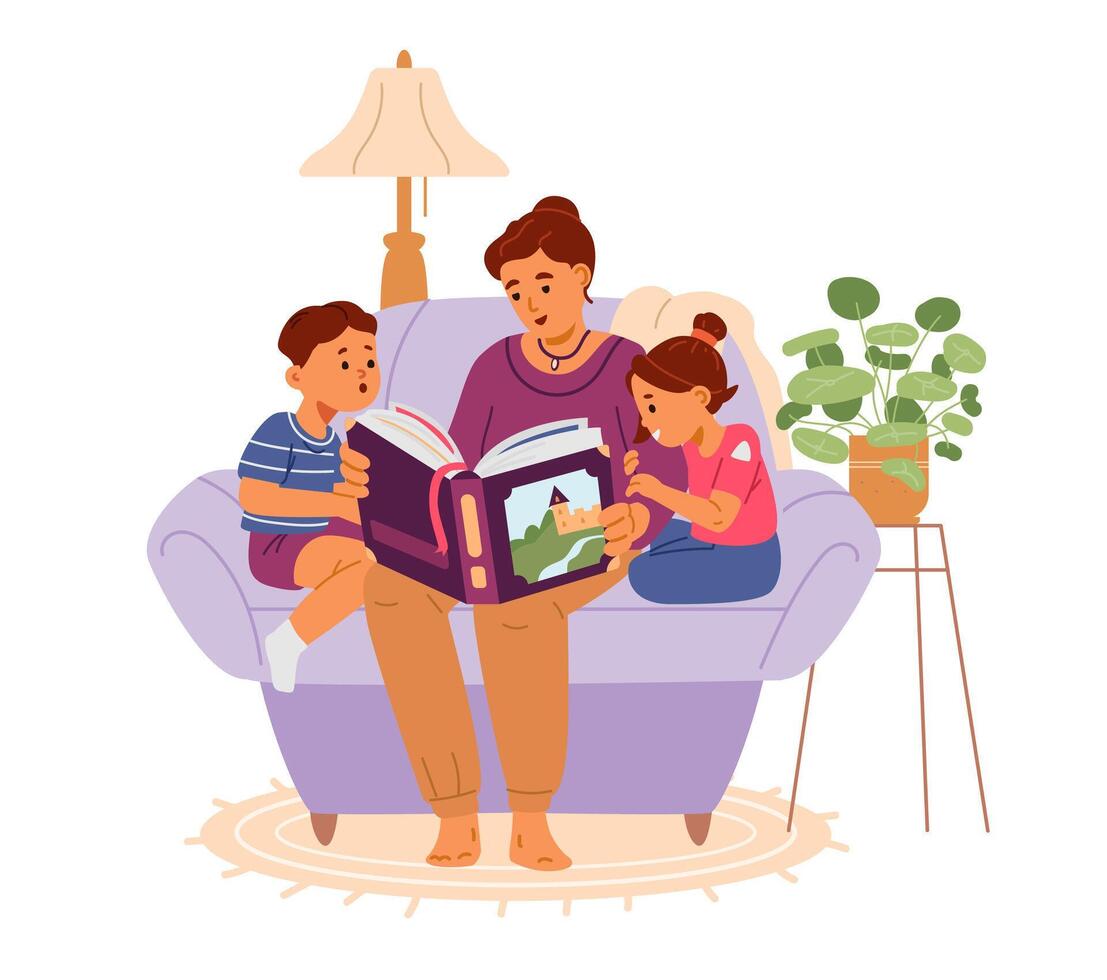 Mother reading fairy tale book to children flat illustration isolated on white. Family reading time. vector