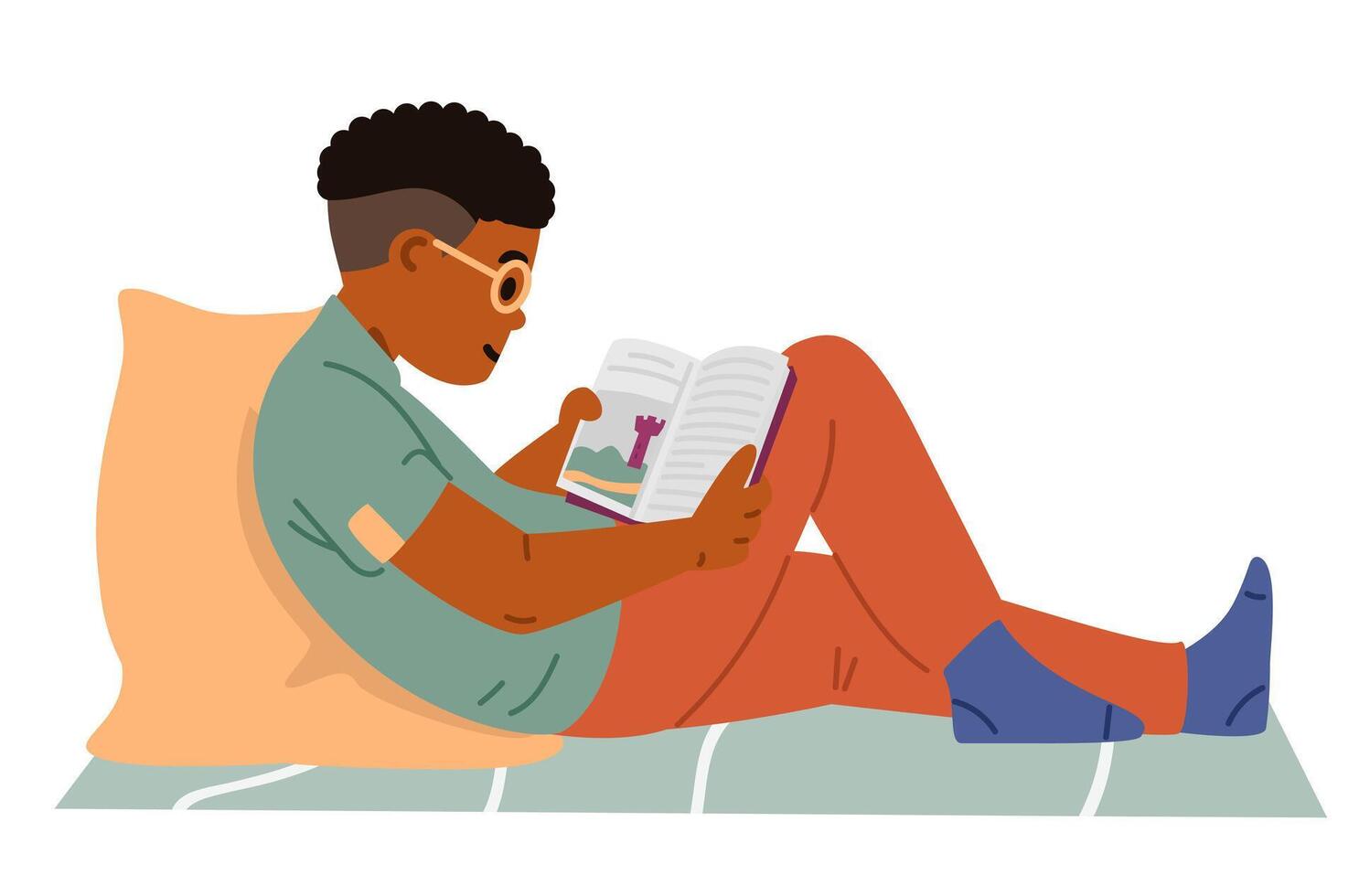 African American teen boy wearing glasses reading storybook flat illustration isolated on white. vector