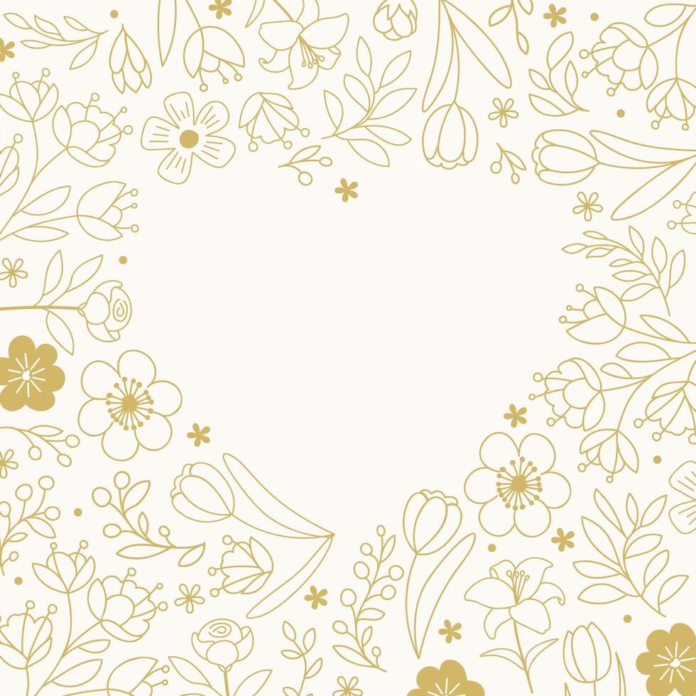 Heart shape frame with gold botanical plant motifs, ornaments, flowers and branches vector