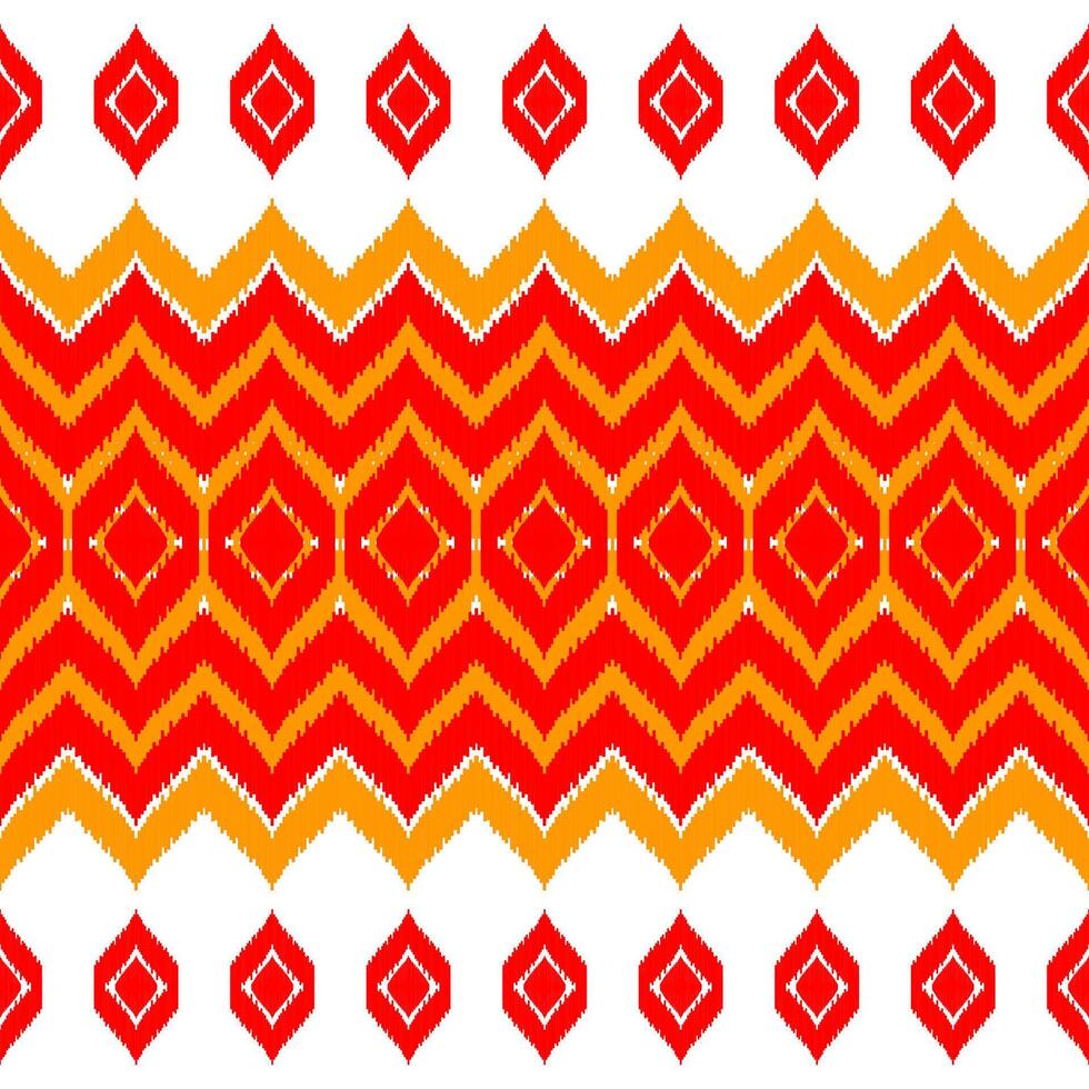 Ikat Seamless Pattern Design for Fabric. Orange and red ethnic seamless pattern. Boho, clothing, textile, wrapping, background, wallpaper, carpet, embroidery, print vector
