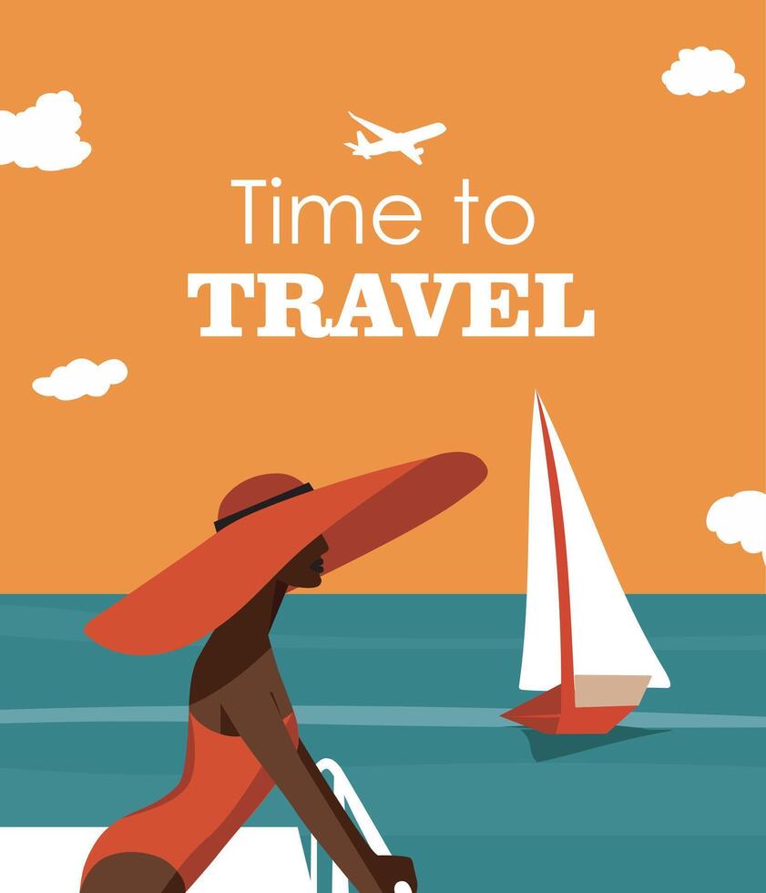 Woman in a hat and swimsuit on the beach. The girl is on vacation. Travel time template, tourism concept. Template on the theme of summer, seasonal holiday, weekend, beach vector