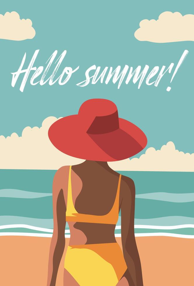 summer illustration Girl on the beach in a red hat and yellow swimsuit. No face. Back view. Tanned girl. Walk on the sea. greeting card poster banner with place for text vector