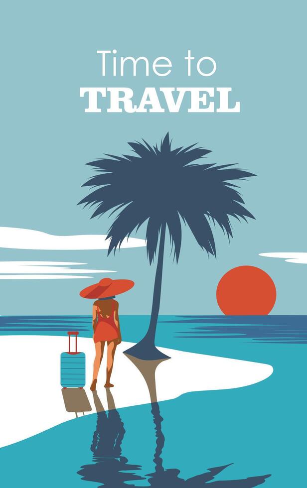 Woman on the beach at sunset. Travel time, tourism. Summer, vacation concept. Creative background on the theme of seasonal holidays, weekends, beach. illustration for banner, posters, cover vector