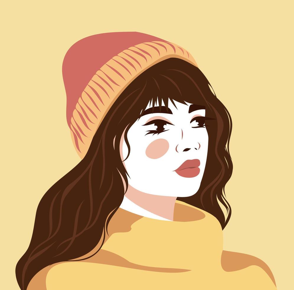 illustration autumn portrait icon white skinned girl woman in a hat on fashion style colored flat avatar vector