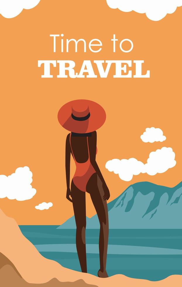 Woman in a hat on vacation on the beach. Summer time. Banner with place for text travel time. Bright stylish background template on the theme of seasonal holidays, weekend vacation. vector