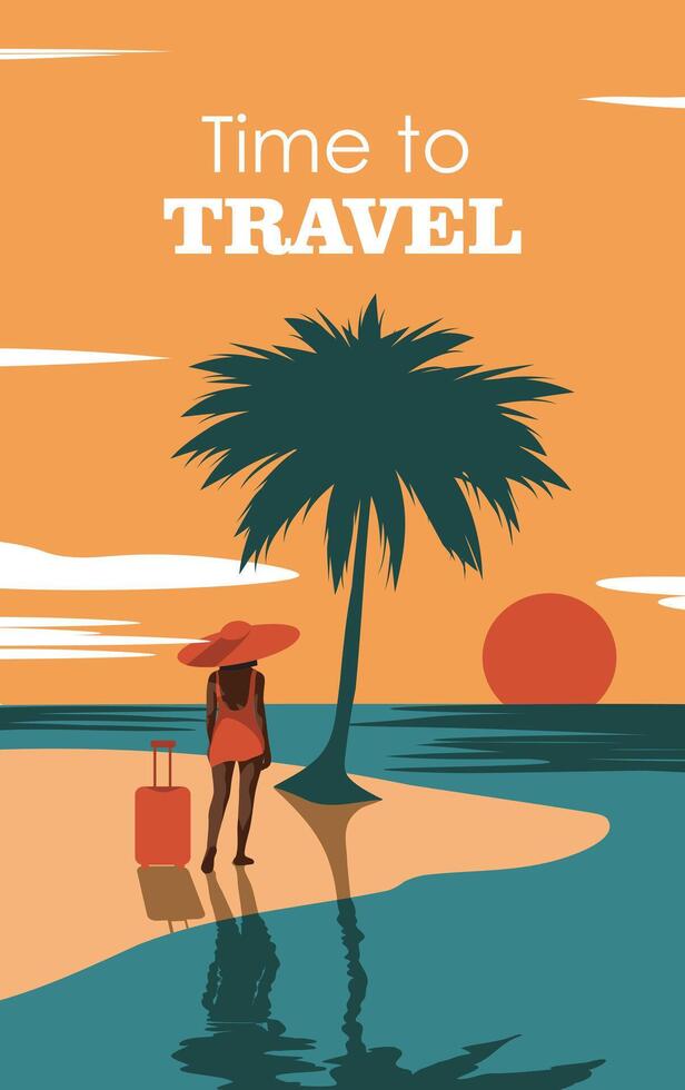 Woman with suitcase on the beach at sunset. Vacation and travel time concept. The girl is on vacation. Template with place for text, tourism concept. Illustration on the theme of summer vector