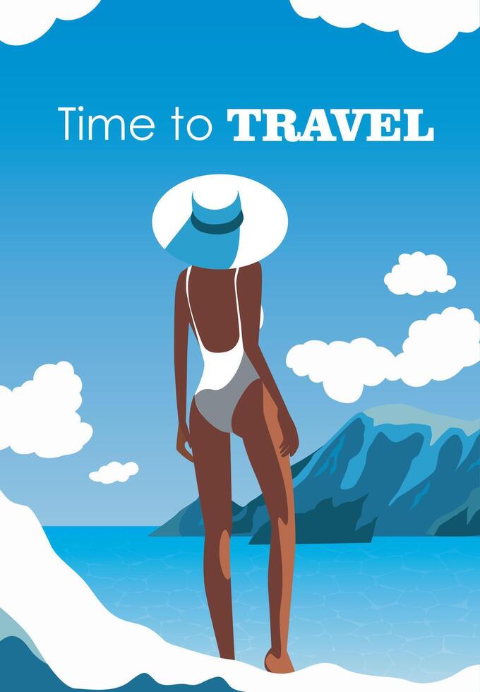 Woman in a hat and swimsuit on the beach. The girl is on vacation. Template with place for text travel time, tourism concept. Illustration on the theme of summer, seasonal holiday, weekend, beach vector