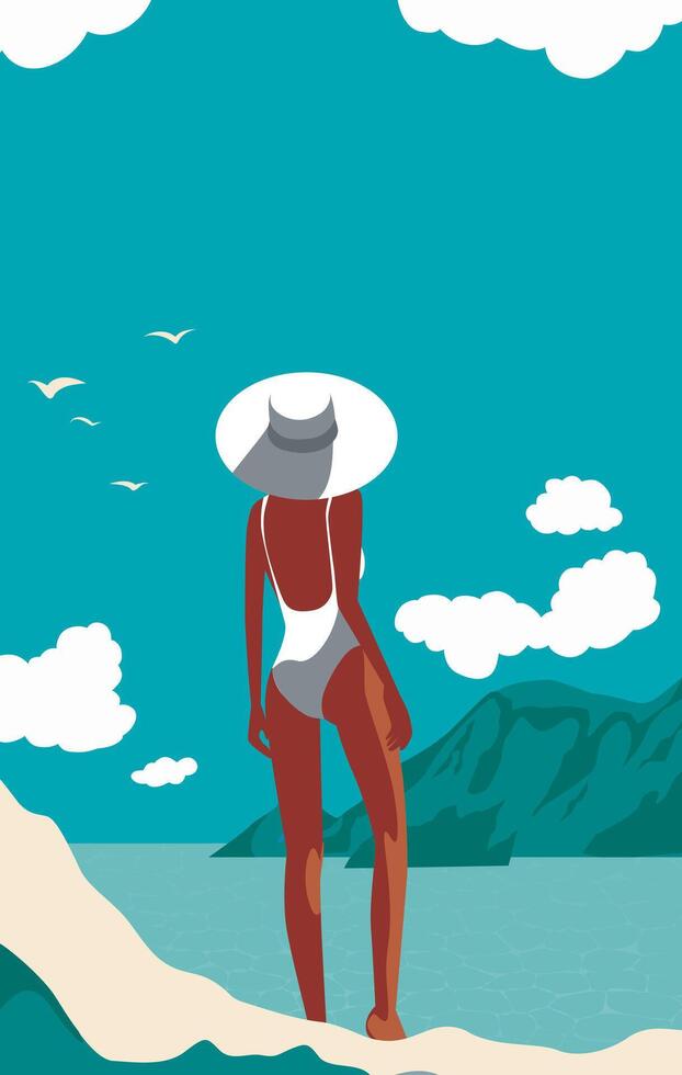 Woman in a hat and swimsuit on the beach. The girl is on vacation. Template with place for text, tourism concept. Illustration on the theme of summer, seasonal holidays, weekends, beach vector