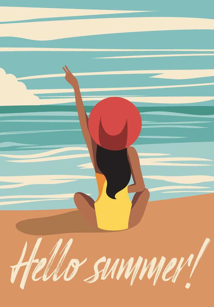 summer illustration Hello summer, vacation, woman on the beach. No face. Back view. Tanned girl. Walk on the sea greeting card poster banner with place for text vector