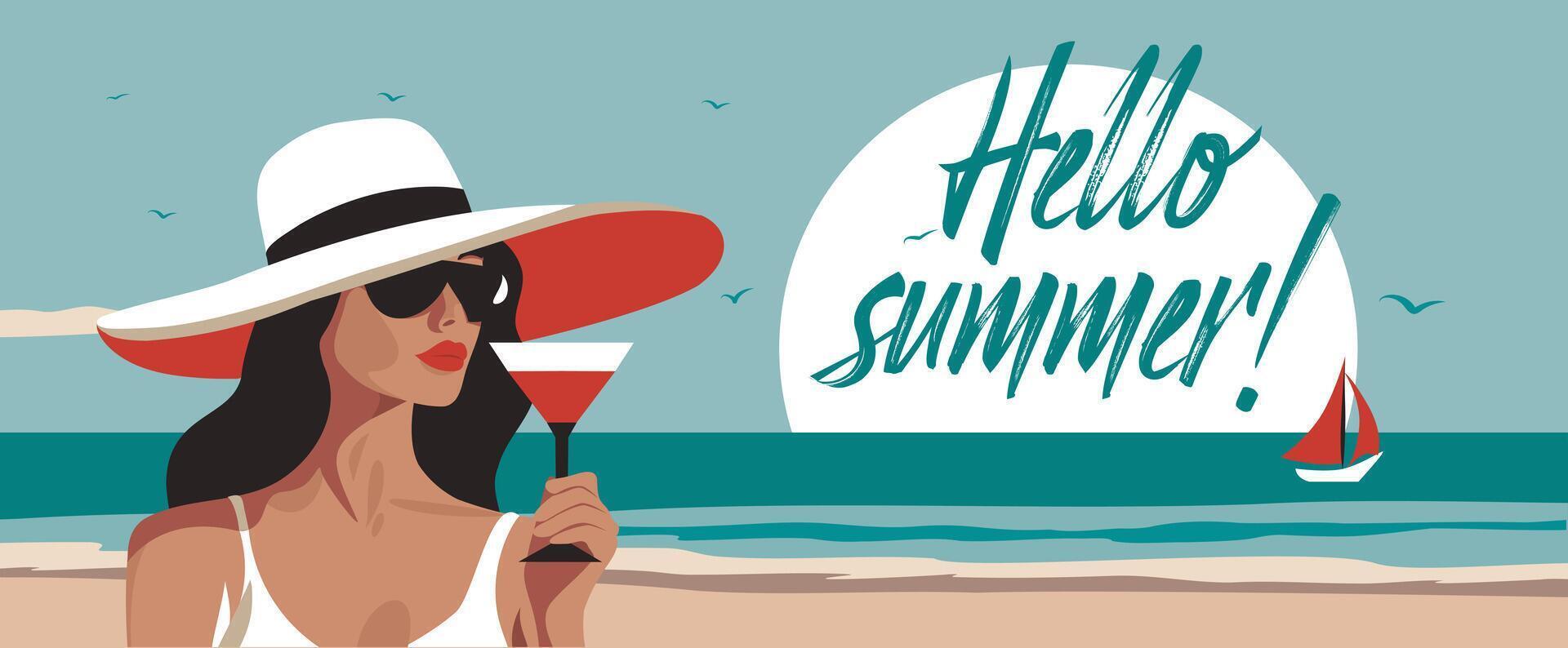 illustration of a woman in a hat with a cocktail in her hands on vacation on the beach. Place for text. Summer banner poster for retro party, vacation and travel vector