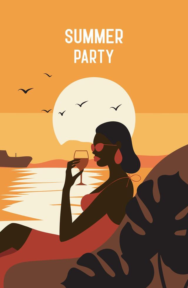 Woman with a glass at sunset on vacation. Summer party, vacation and travel concept. Template on the theme of seasonal holidays, weekends, beach. illustration in a minimalistic style for poster vector
