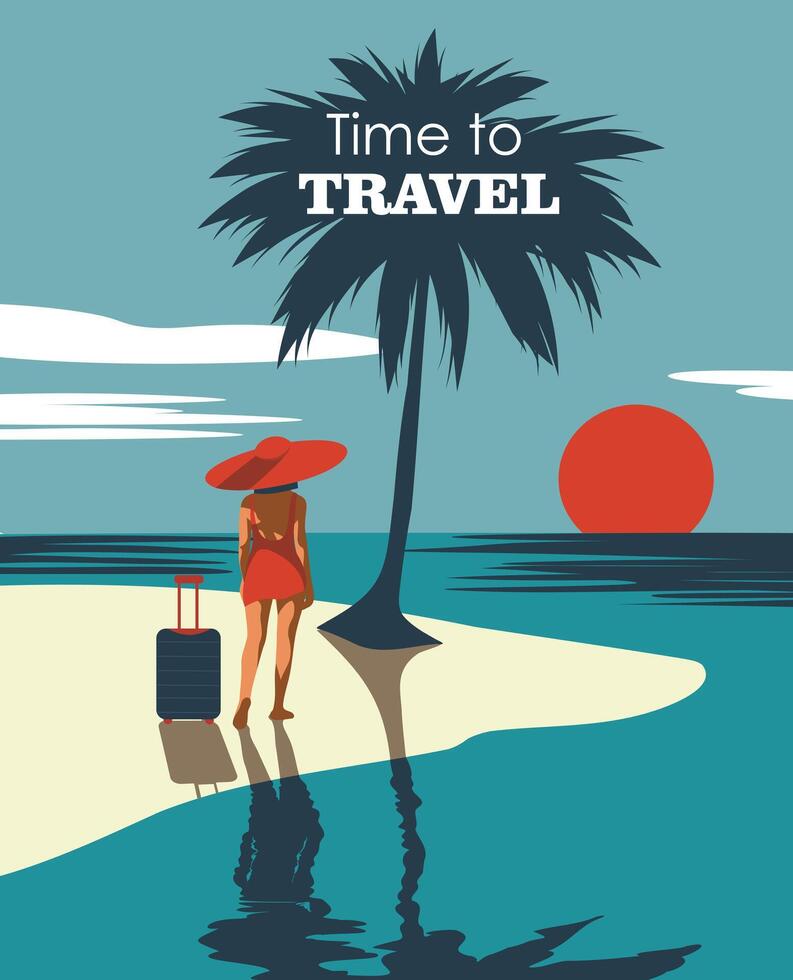 Woman with a suitcase on the beach at sunset. Time for summer, travel, tourism, vacation. Bright background on the theme of seasonal holidays, weekends, beach. illustration of place for text vector