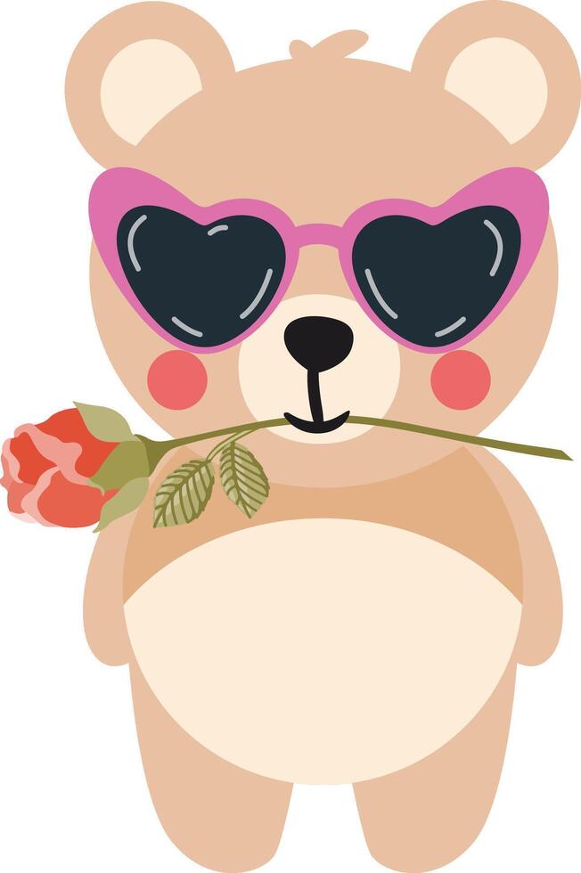 Romantic Teddy Bear with Heart-Shaped Shades and Red Rose vector