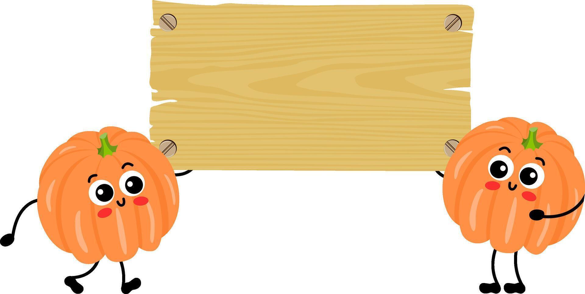 Two funny pumpkins mascot holding a empty wooden signboard vector