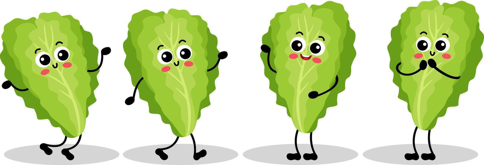 Set of funny green lettuce mascot in different positions vector