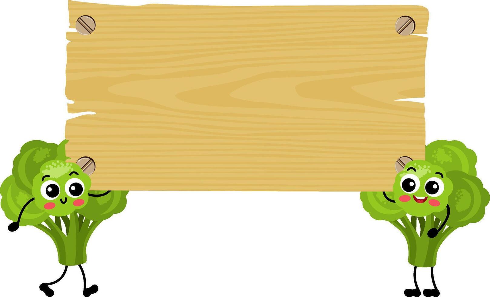Two funny green broccolis mascot holding a empty wooden signboard vector