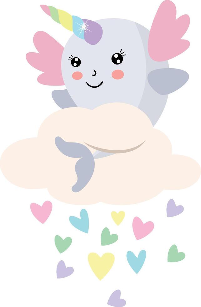 Unicorn Whale Floating on a Cloud with Hearts vector