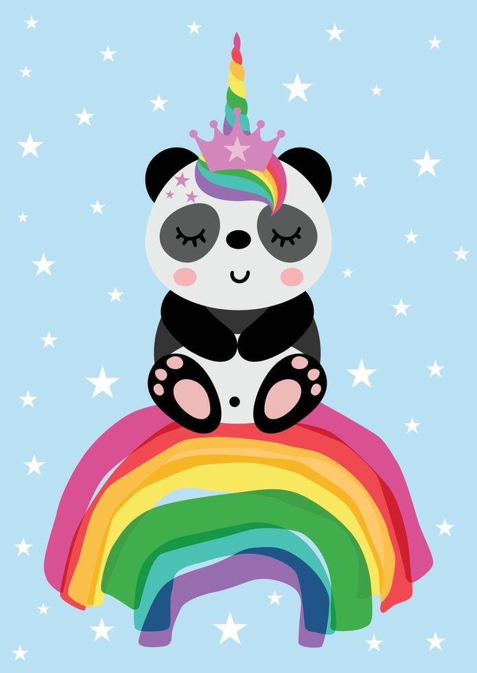 Panda Unicorn Riding a Rainbow in a Starry Sky vector