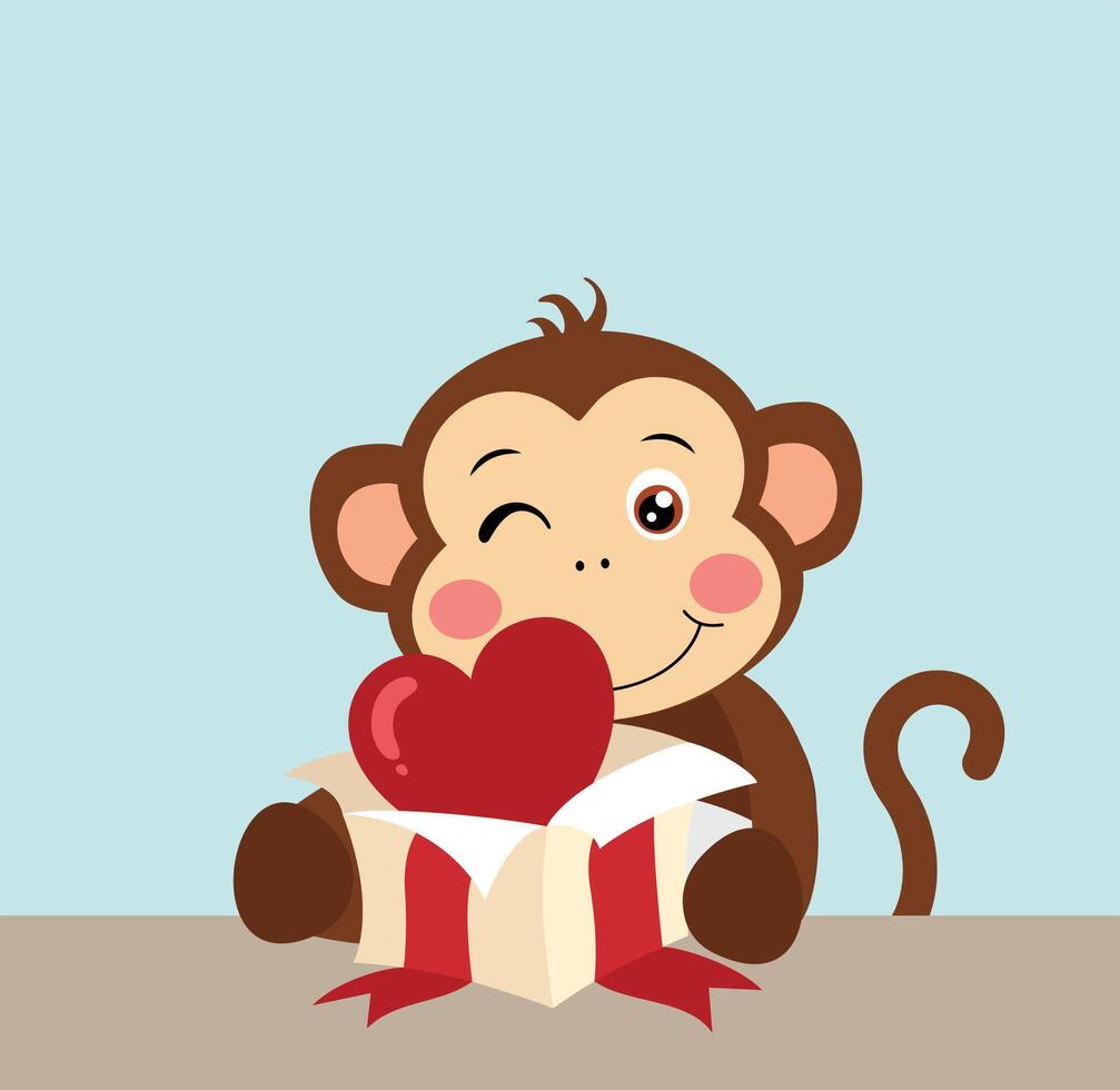 Card with cute monkey opening surprise heart box vector
