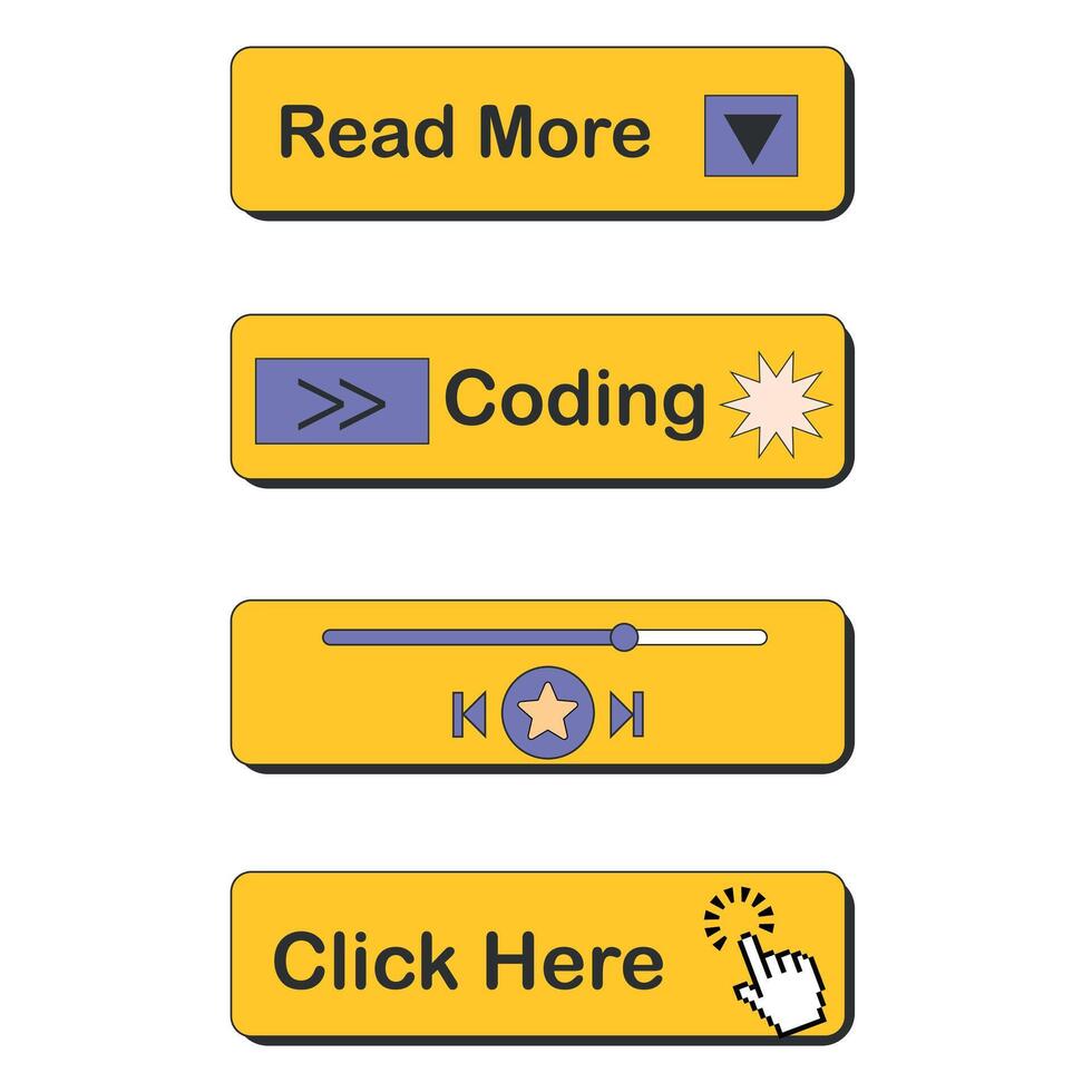 Interactive yellow buttons for web design featuring icons for reading, coding, music, and navigation vector