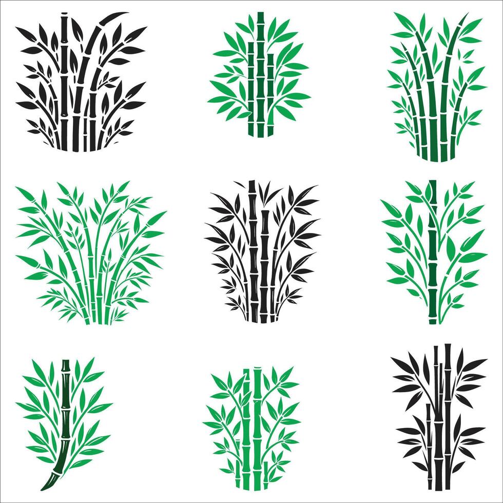 Different Types collection Set Of Bamboo Tree With Leaf Logo Silhouette Design On White Background vector