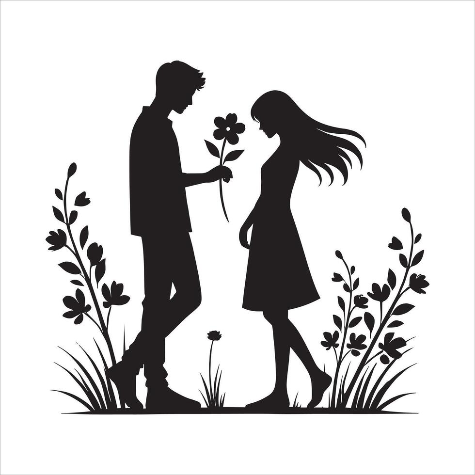 Silhouette of a man and woman standing in the grass with flowers vector