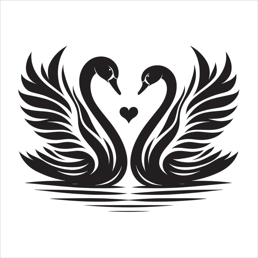 Two swans in the water with hearts on their wings vector