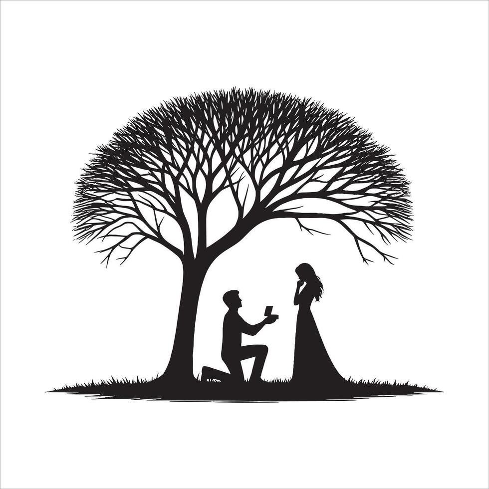 Silhouette of a man proposing to a woman under a tree vector