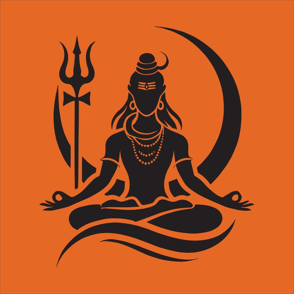 Lord Shiva Art Har Har Mahadev Mahakal Illustration Tattoo Free Hindu God Mahashivratri Special Silhouette Lord shiva in lotus position with a crescent moon vector