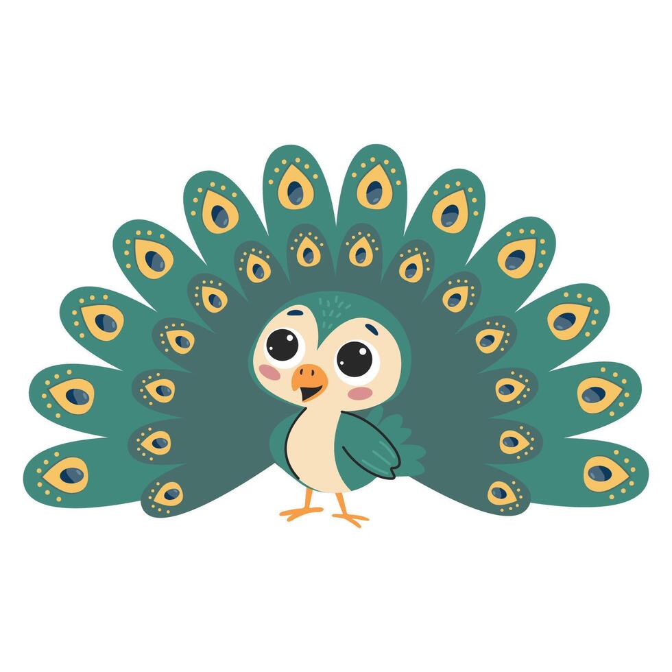 Cute cartoon peacock isolated on white background. illustration. vector