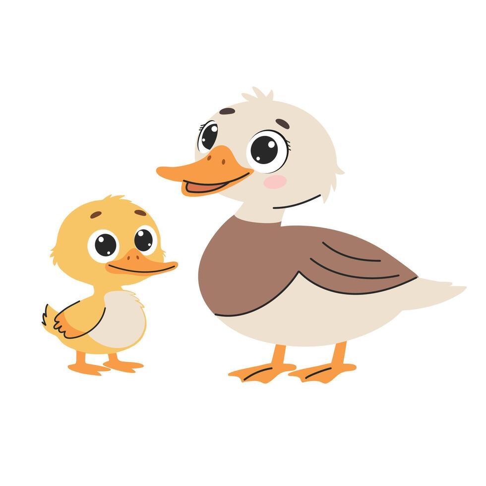 Duck family. Cute cartoon duck with duckling. illustration vector