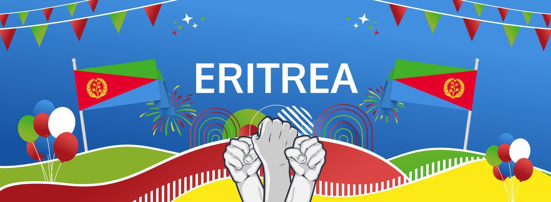 Eritrea Independence Day on May 24th. A vibrant, flag colored banner to celebrate independence, culture, and tourism with a modern touch. vector