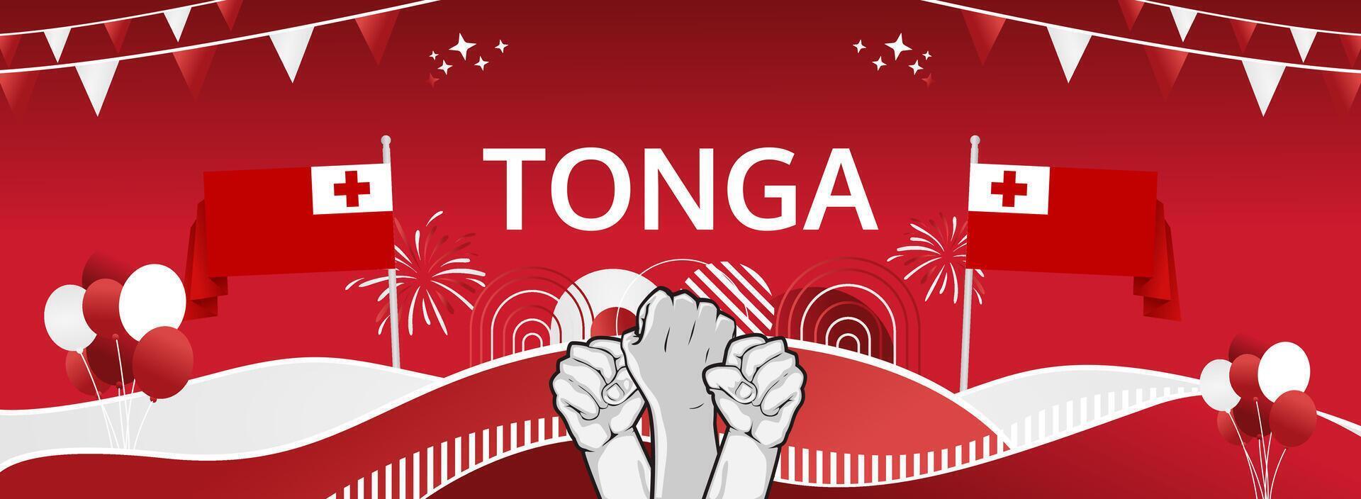Celebrate Tonga June 4th National Day with a lively banner in flag colors. Perfect for cultural events, feasts, and supporting tourism and culture. vector