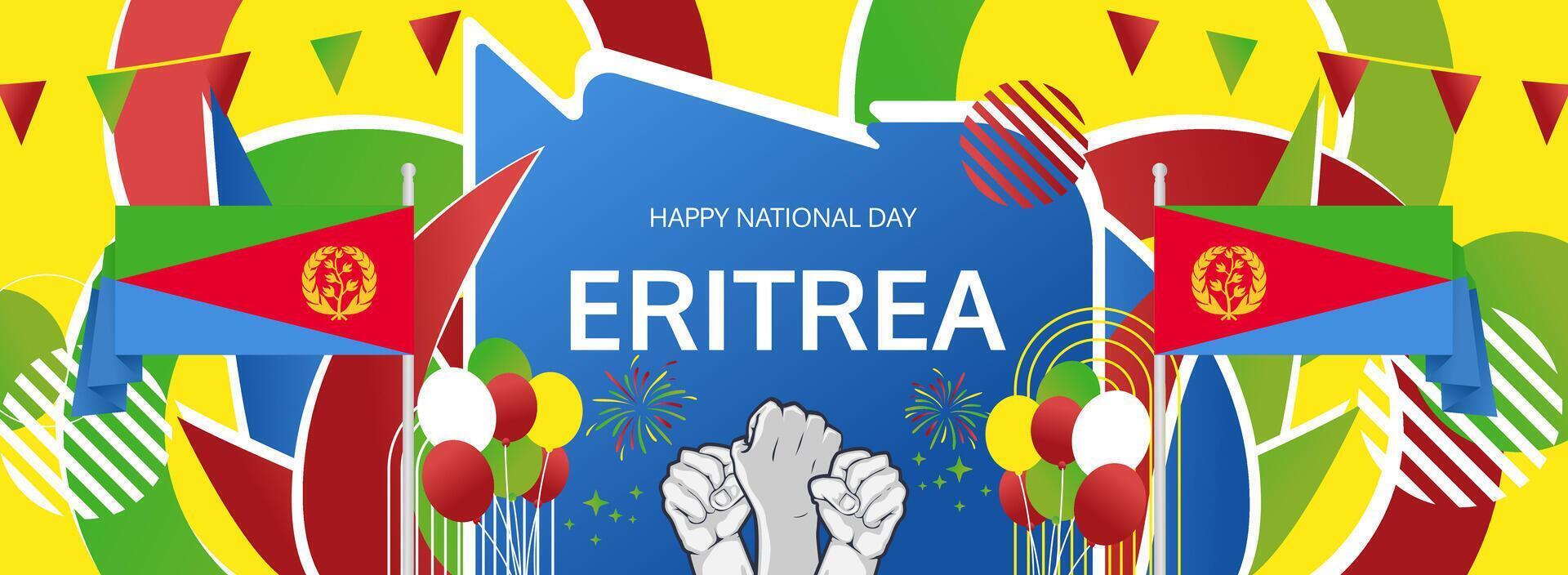 Eritrea Independence Day on May 24th. Celebrate with a vibrant banner in flag hues, ideal for national pride, cultural events, and tourism celebrations. vector