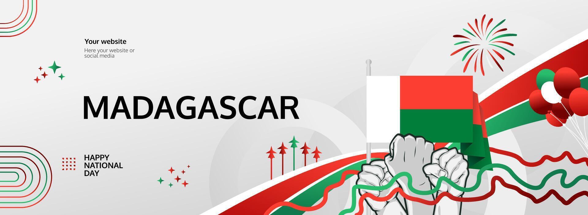 Madagascar June 26th Independence Day celebrations with a bright flag colored banner. Perfect for feasts, festivals, and tourism. vector