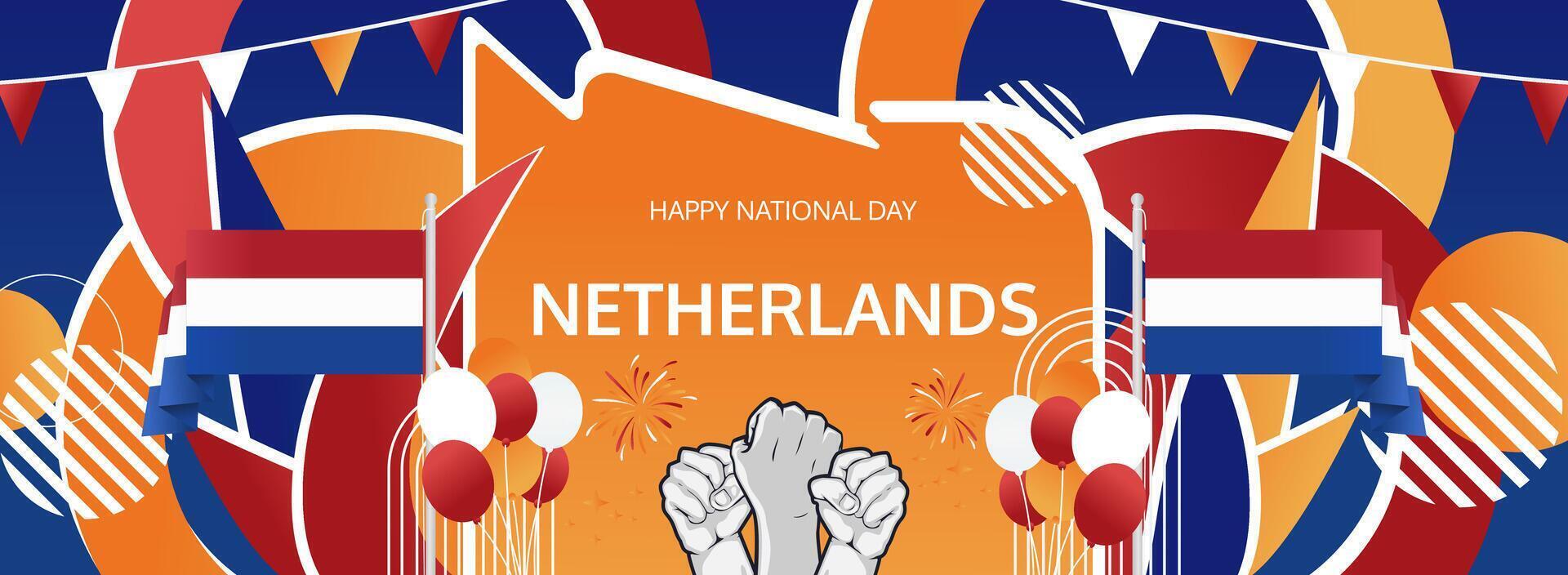 Celebrate Netherlands Liberation Day, May 5th. Vibrant banner for national pride, culture, and tourism events. A festive, colorful design for any occasion. vector