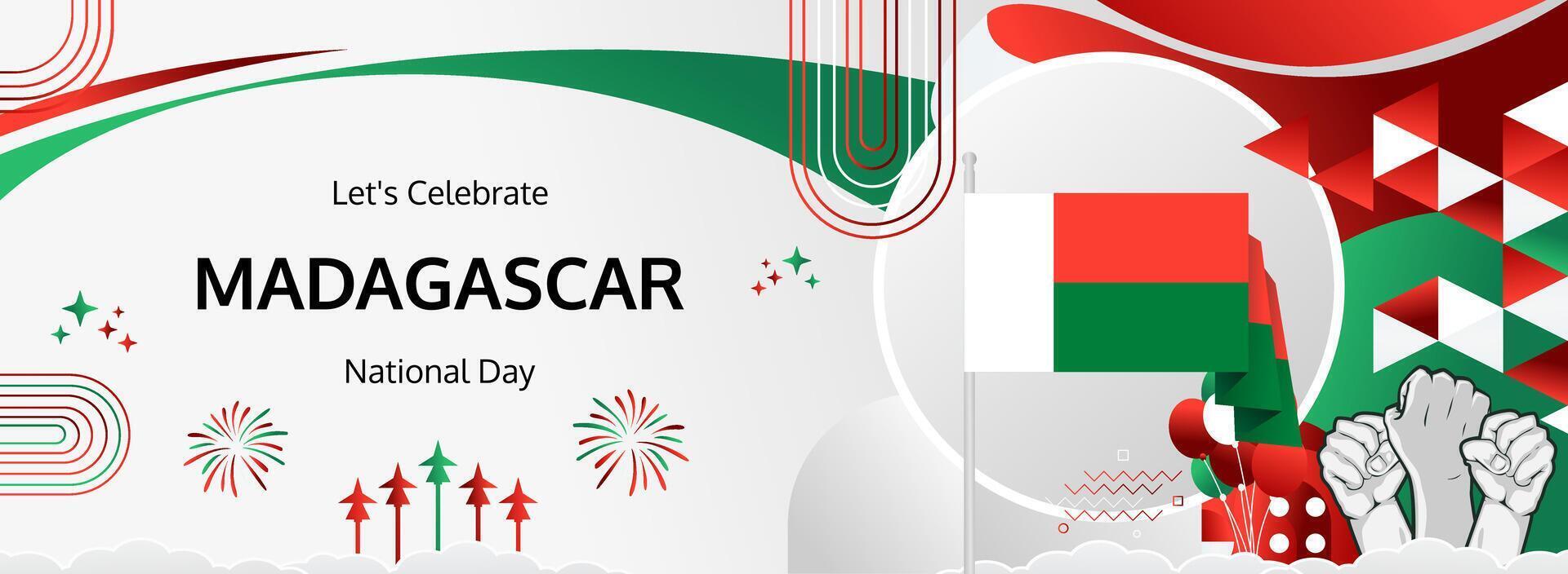 Happy Madagascar National Day. June 26th banner in flag colors, ideal for supporting independence events, cultural festivals, and tourism. vector