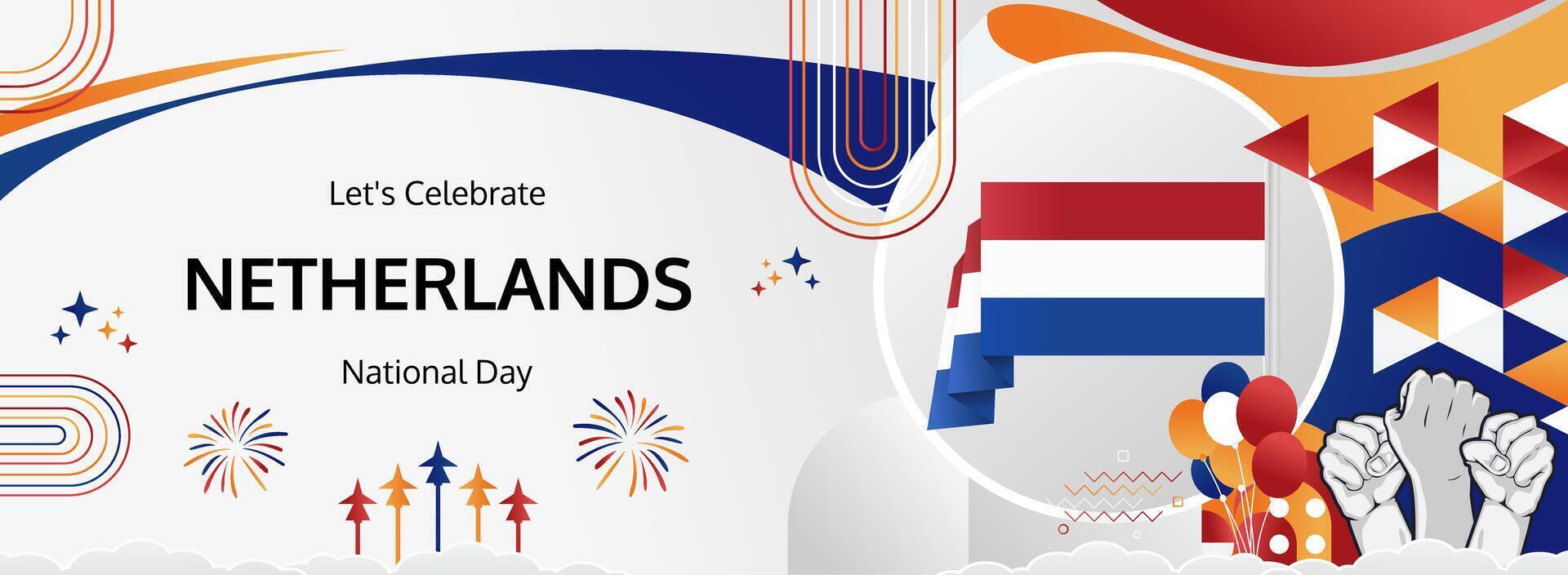 Celebrate May 5th with a bold and festive Netherlands Liberation Day banner. Perfect for events like carnivals, cultural feasts, and tourism promotions. vector