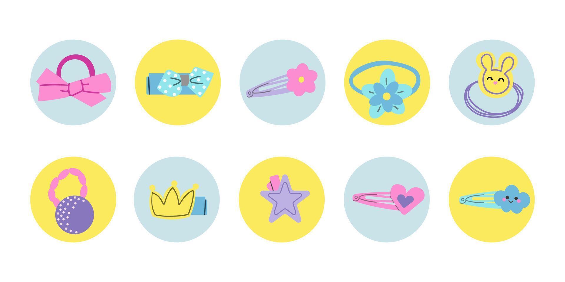 set of girl hair accessories stickers flat style cute icons for banners, cards, flyers, social media wallpapers, etc. vector
