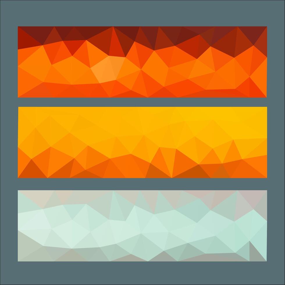 A set of three banners featuring triangular geometric patterns in orange, yellow, and light green tones with bold green text, creating a vibrant and modern abstract design. vector