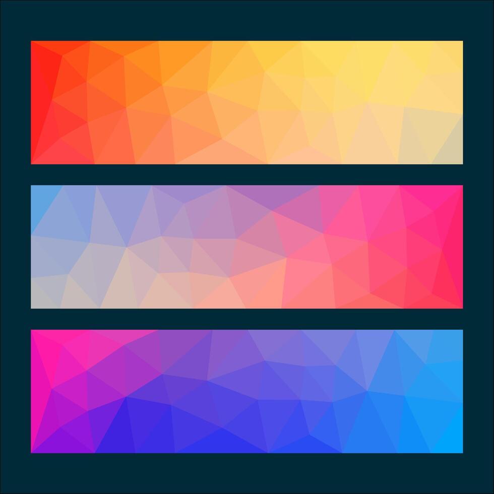 A vibrant collection of abstract low-poly banner designs featuring warm, cool, and gradient color schemes ideal for creative projects, presentations, and advertisements. vector