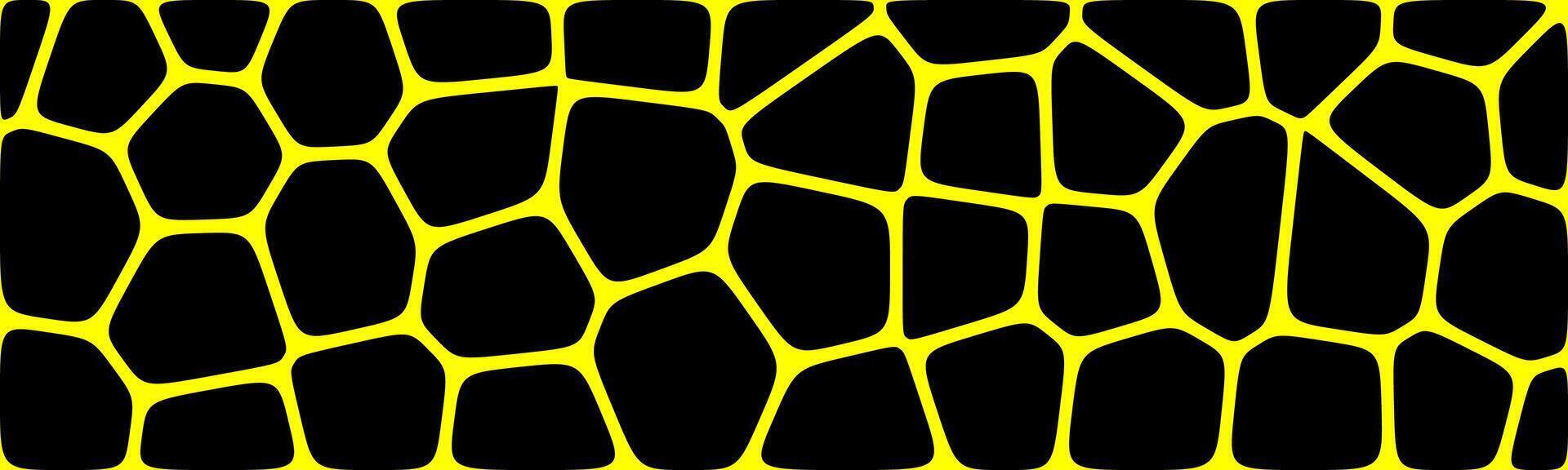 A pattern resembling irregular giraffe spots, featuring black shapes outlined with bright yellow, forming a vibrant and abstract design. vector
