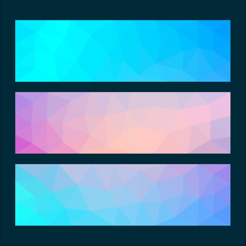 A set of abstract low-poly banner designs in pastel and gradient shades of blue, pink, and purple, featuring geometric triangular patterns for a modern and stylish look. vector