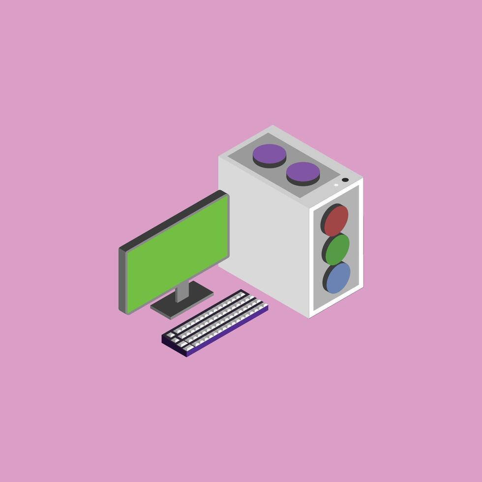 un isométrica ilustración de computadora componentes tal como monitor, UPC, y teclado vector