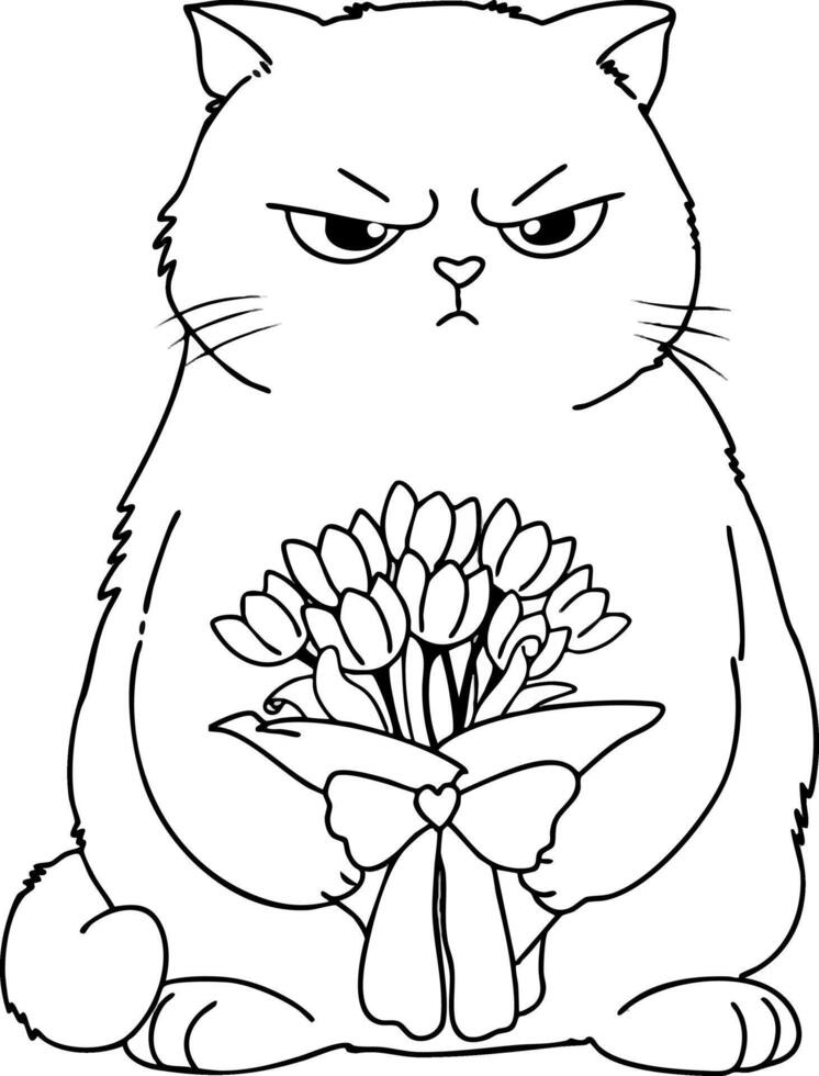 grumpy cat hold a bouquet of flower as valentine gift coloring page illustration vector